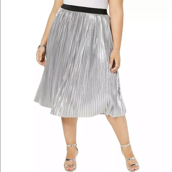NWT Macys Metallic Silver Pleated Full Midi Skirt - Picture 2 of 13
